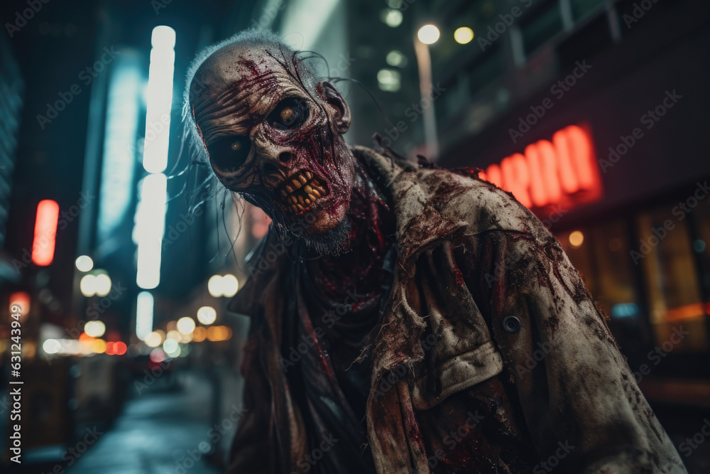 Obraz premium Zombie on the street, Halloween scary background Generative AI
