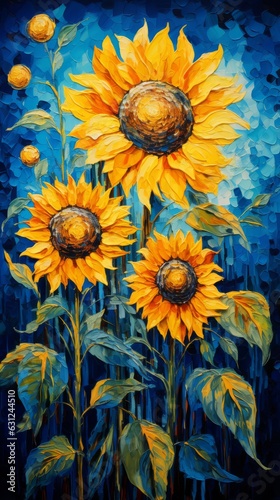 Cuadro en lienzo Digital painting of vibrant sunflowers against a serene blue backdrop created wi