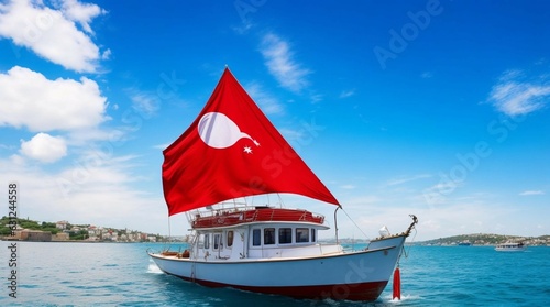 a boat with a red flag on it