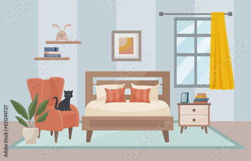 Bedroom interior: armchair, bed, bedside table, photo frame, shelves, books, soft toy. Interior concept. Black cat on a chair. Vector flat illustration.