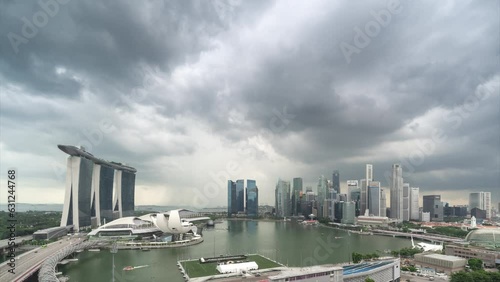 Aerial view of urban skyline and cityscape with heavy rain in  Singapore.