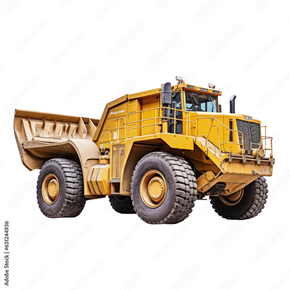 Large construction vehicle with a white isolated background, used for transporting and moving bulk materials using a large bucket.