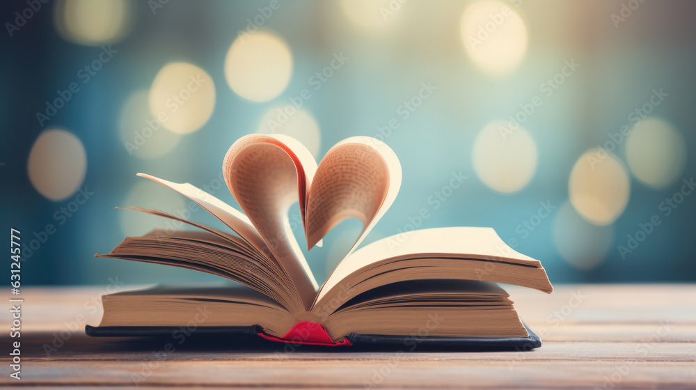 Open Book pages in shape of heart on blurred blue background.Created with Generative AI technology. Open Book pages in shape of heart on blurred blue background.Created with Generative AI technology.
