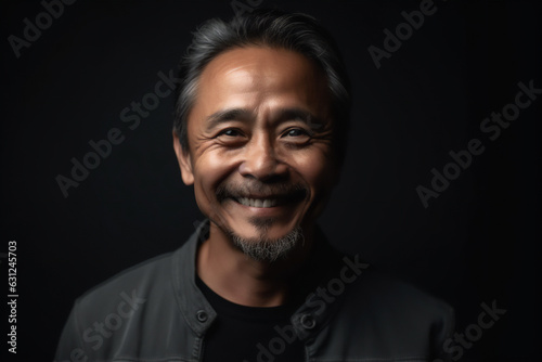 Asian mid adult man smiling on a black background