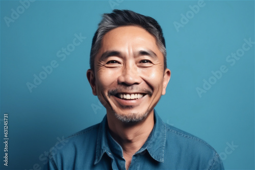 Asian mid adult man smiling on a blue background