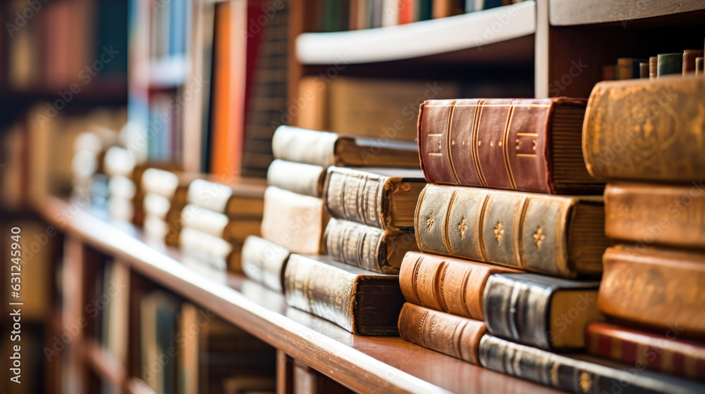Stack of Old books on wooden table in library .Created with Generative AI technology. Stack of Old books on wooden table in library .Created with Generative AI technology.