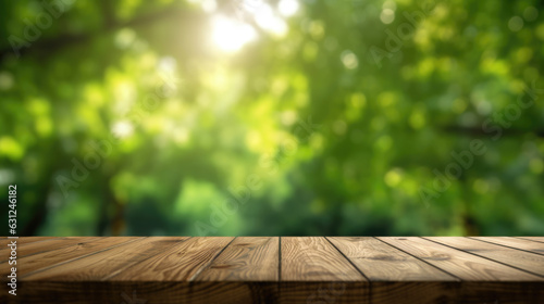 Table top and blurred nature summer background.Created with Generative AI technology.