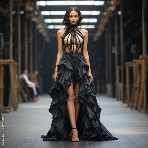 A model presenting a black dress on a catwalk 