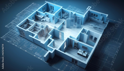 3d concept of house floor plan construction. blue architecture. AI generated