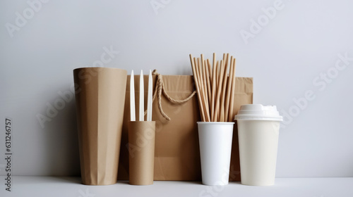 Eco-friendly food packaging and cotton eco bags on gray background. Created with Generative AI technology.