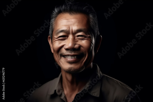 Asian mature adult man smiling on a black background