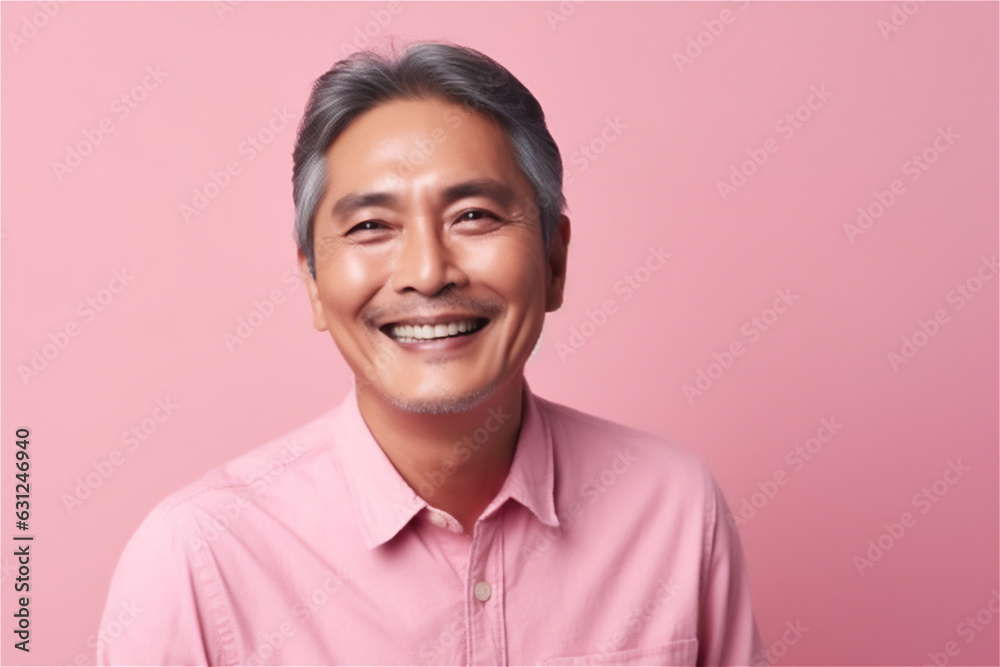 Asian mature adult man smiling on a pink background Asian mature adult man smiling on a pink background