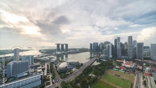 Aerial view of urban skyline and cityscape in Marina Bay Singapore.	