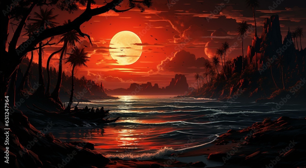 A mysterious beach at night illuminated by a red moon. AI Generated
