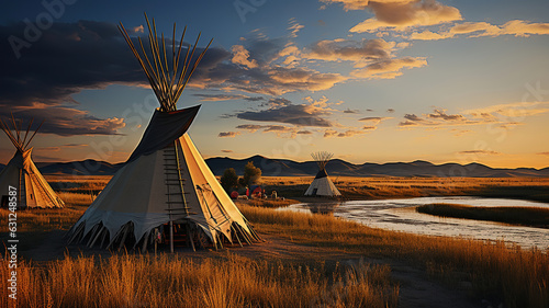 Indigenous first nation tipis on the great plains of north america. Generative AI photo