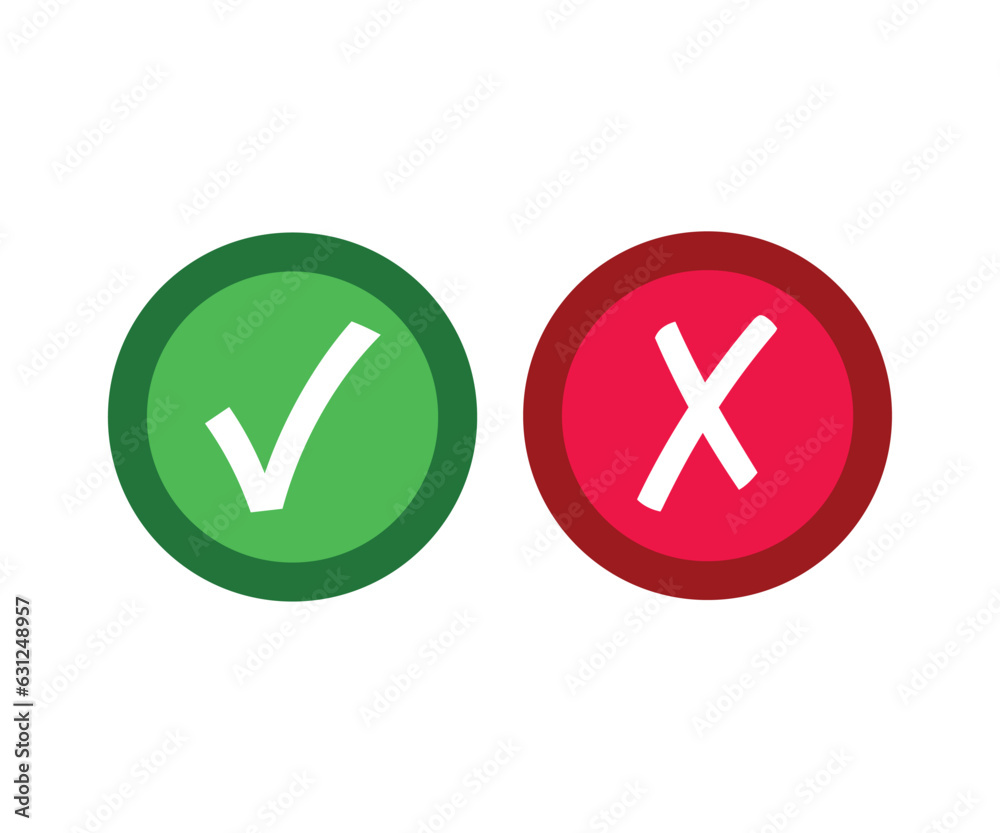 Tick and cross signs. Green check mark OK and red NO icon on white background Tick and cross signs. Green check mark OK and red NO icon on white background