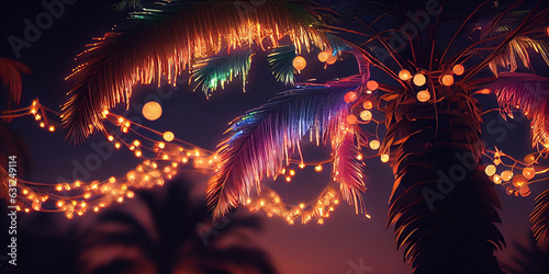 Palm tree adorned with festive fairy lights. Palm leaves decorated with garlands of luminous lights against the sky on a warm southern night  Ai generated image