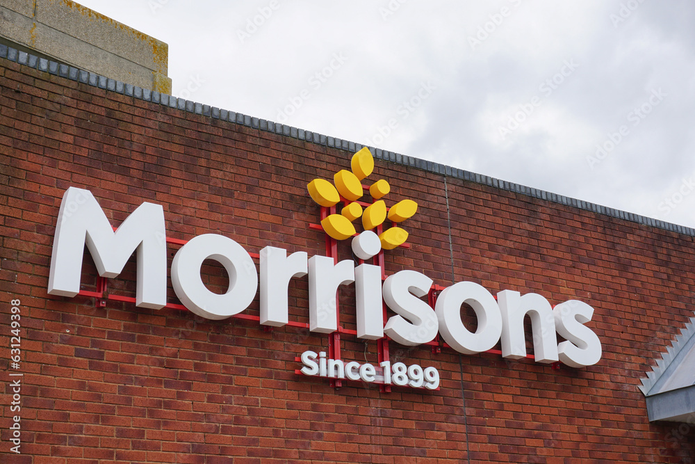 Bognor Regis 4 August 2023 Morrisons logo sign on building exterior