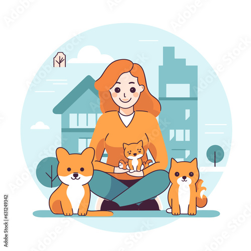Girl dog walker with group of dogs enjoying in walk. Dog Walking Service. Cartoon vector illustration.