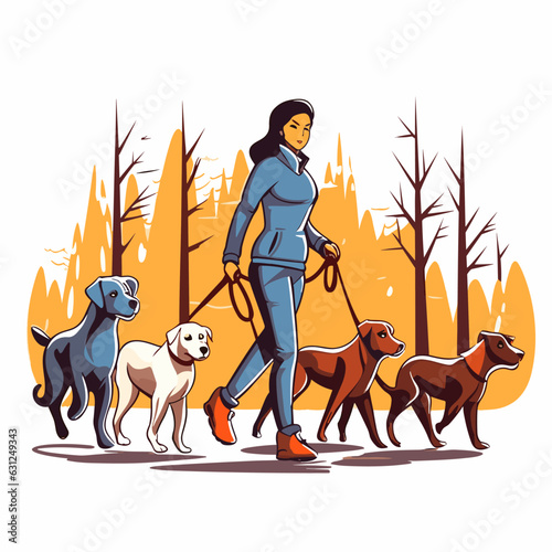 Girl dog walker with group of dogs enjoying in walk. Dog Walking Service. Cartoon vector illustration.