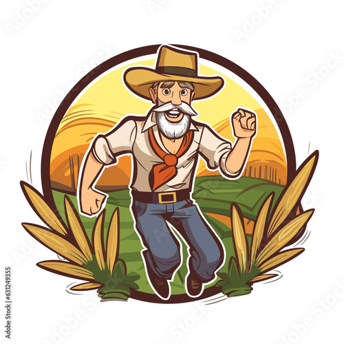 Laughing farmer oversees his field in the background of a rural landscape. Farm and agriculture concept. Cartoon vector illustration. label, sticker