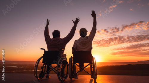 Silhouette Disabled handicapped young man in wheelchair raised hands with his Disabled friend in sunset.