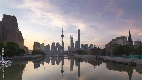 Timelapse of Shanghai skyline and cityscape at sunrise.