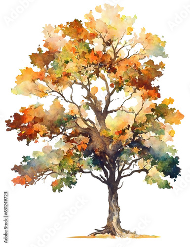 Watercolor oak tree illustration, autumn, transparent background, PNG, Generative AI