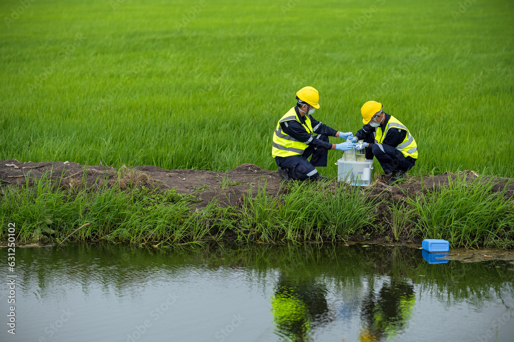 Foto Stock Environmental researchers investigate the condition of canal ...