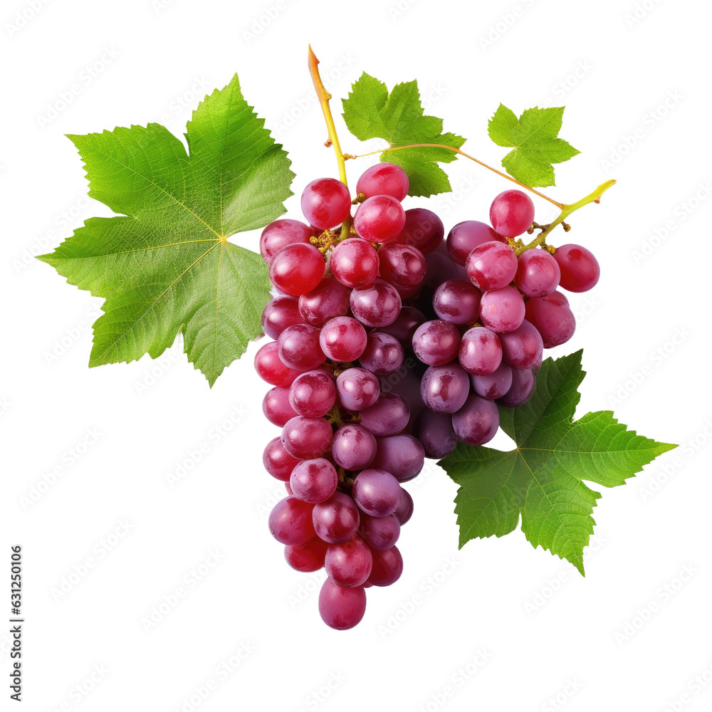 Fototapeta premium Red grapes with green leaves on transparent backround, flat lay.