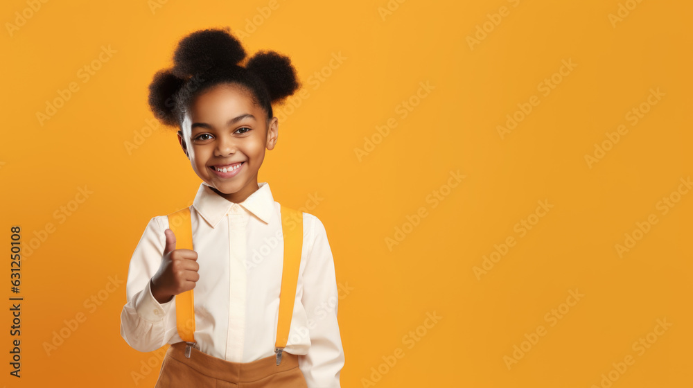 Cheerful happy young small schoolgirl make fingers thumbs up smile isolated on pale orange background.Created with Generative AI technology. Cheerful happy young small schoolgirl make fingers thumbs up smile isolated on pale orange background.Created with Generative AI technology.