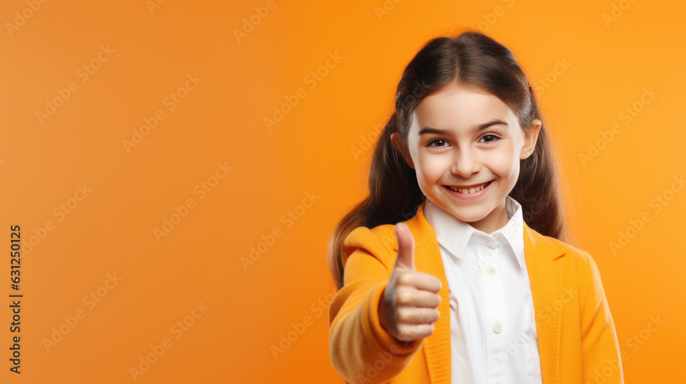 Cheerful happy young small schoolgirl make fingers thumbs up smile isolated on pale orange background.Created with Generative AI technology. Cheerful happy young small schoolgirl make fingers thumbs up smile isolated on pale orange background.Created with Generative AI technology.