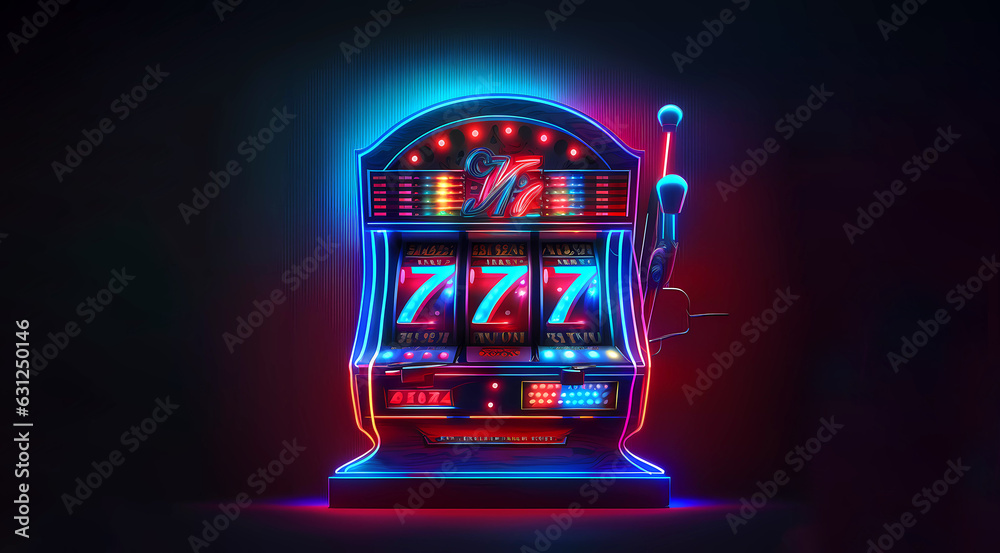 Slot machine on a bright blue background. Gambling machines. Banner. created by AI - obrazy, fototapety, plakaty 