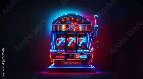 Slot machine on a bright blue background. Gambling machines. Banner. created by AI