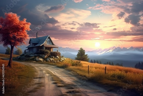beautiful farmhouse sunset landscape Generative AI