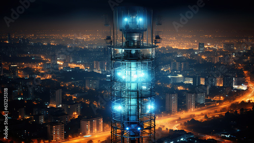 Antenna for the 5G cellular network atop a communications tower in a nighttime metropolis. Generative AI