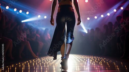 Model walks runway modeling fashions clothes by modern designer, low angle view with spotlights lighting, Generative AI
