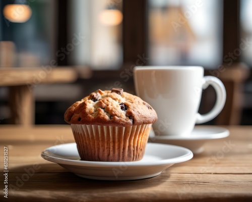 A delectable close-up of a freshly baked muffin. The blurred backdrop reveals a rustic wooden table, an inviting cup of coffee