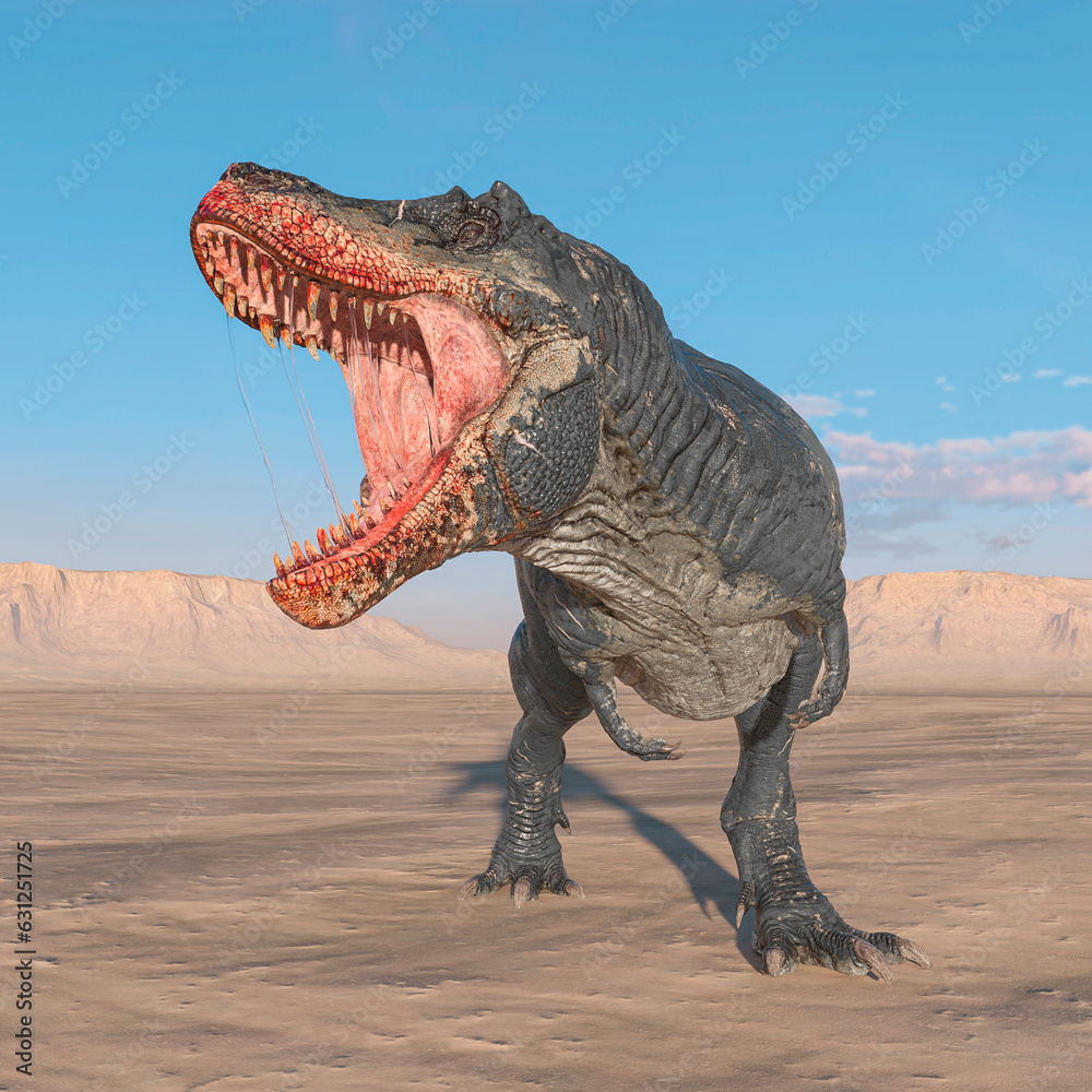 tyrannosaurus is angry on sunset desert side view tyrannosaurus is angry on sunset desert side view