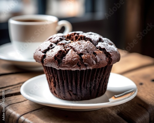 A delectable close-up of a freshly baked chocolate muffin. The blurred backdrop reveals a rustic wooden table, an inviting cup of coffee