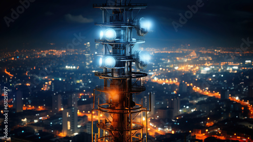 Antenna for the 5G cellular network atop a communications tower in a nighttime metropolis. Generative AI