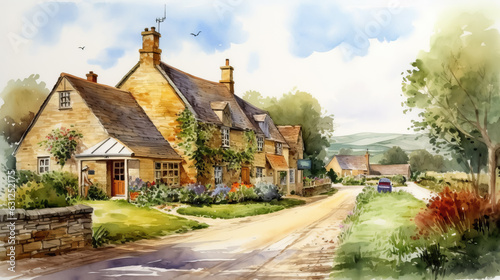Charming village houses watercolor style by AI