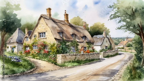Charming village houses watercolor style by AI