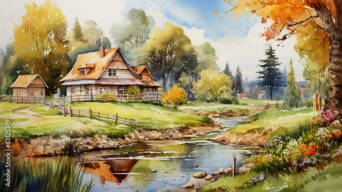 Charming village houses watercolor style by AI