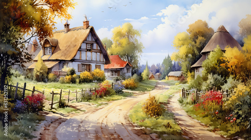 Charming village houses watercolor style by AI