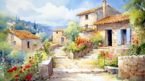 Charming village houses watercolor style by AI