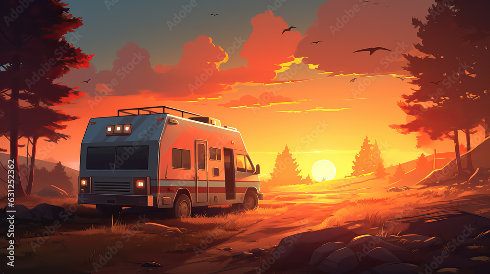 The van is parked in the evening digital painting style by AI The van is parked in the evening digital painting style by AI