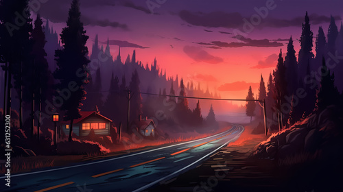 Creepy night road and house in forest digital painting by AI