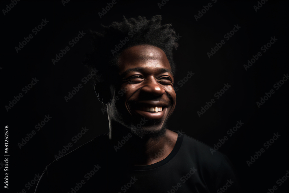 black young adult man smiling on a black background