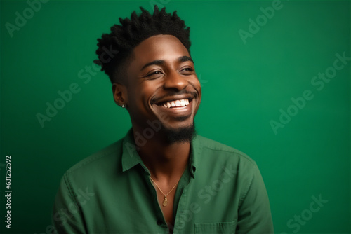black young adult man smiling on a green background